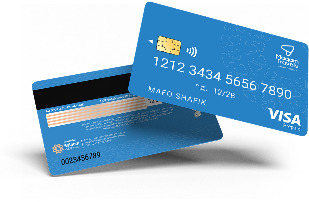 Front and back of the blue Maqam Visa Prepaid Card